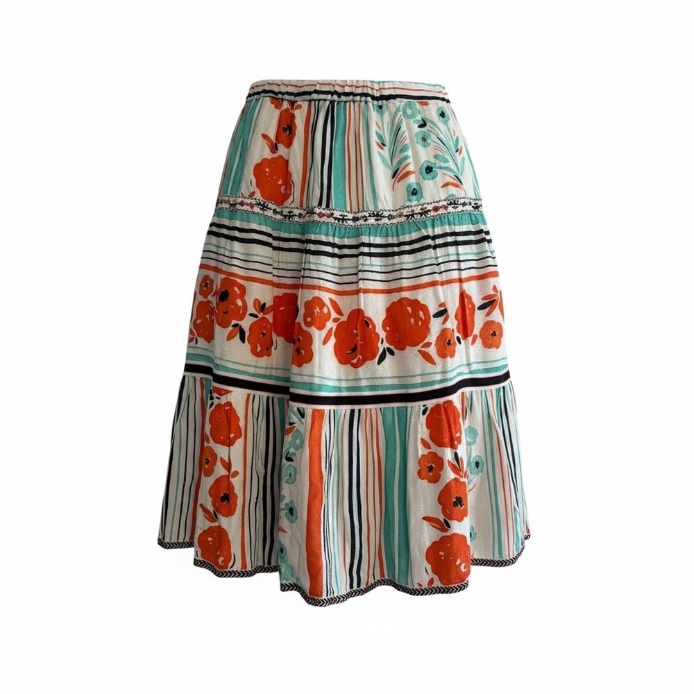 Floral Stripe Tiered Midi Skirt in Orange and Teal